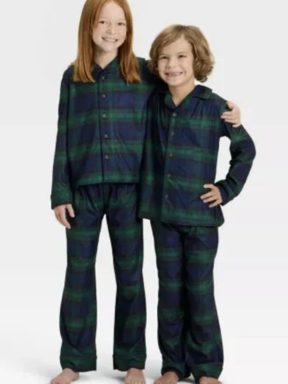 Kids Green & Navy Plaid Button Front Pajama Set Size L (10/12) 2-Piece Sleepwear